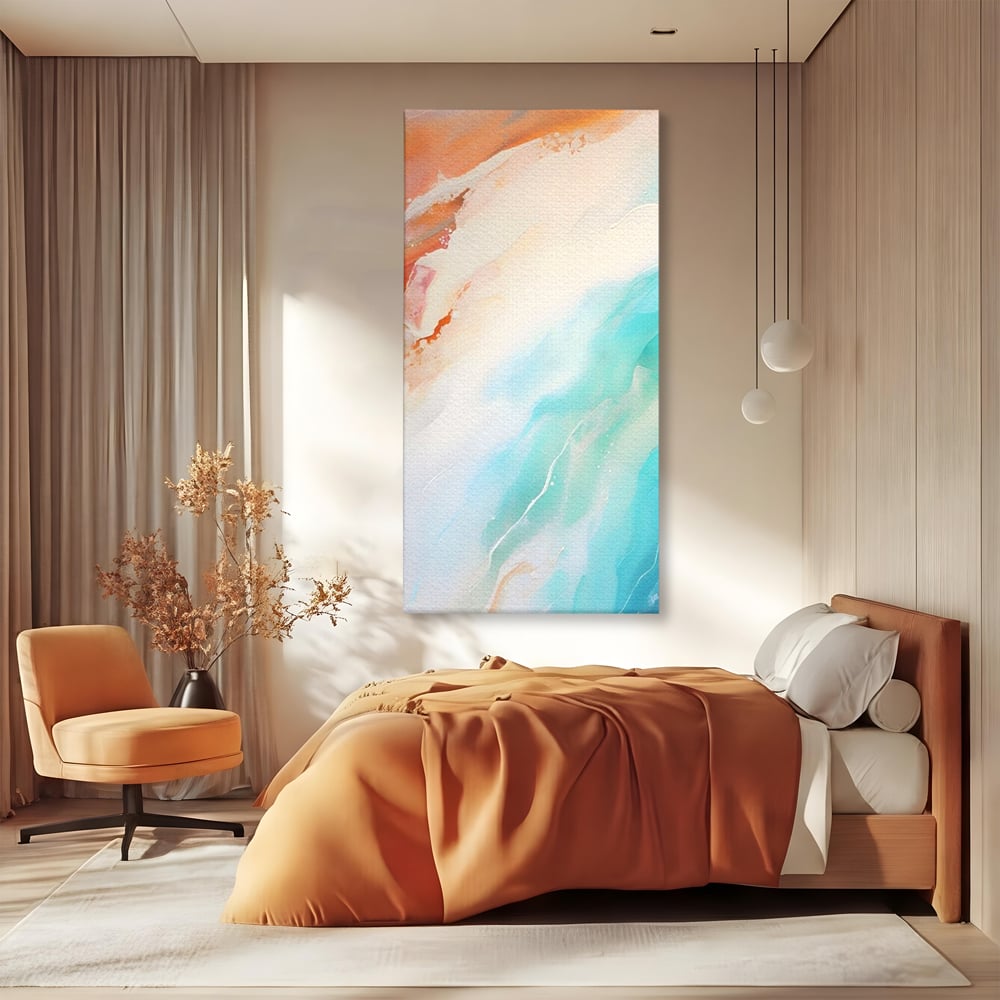 Tablou canvas cu pictura abstracta cu valuri turcoaz, fara rama, pe sasiu de lemn, pe perete intr-un dormitor